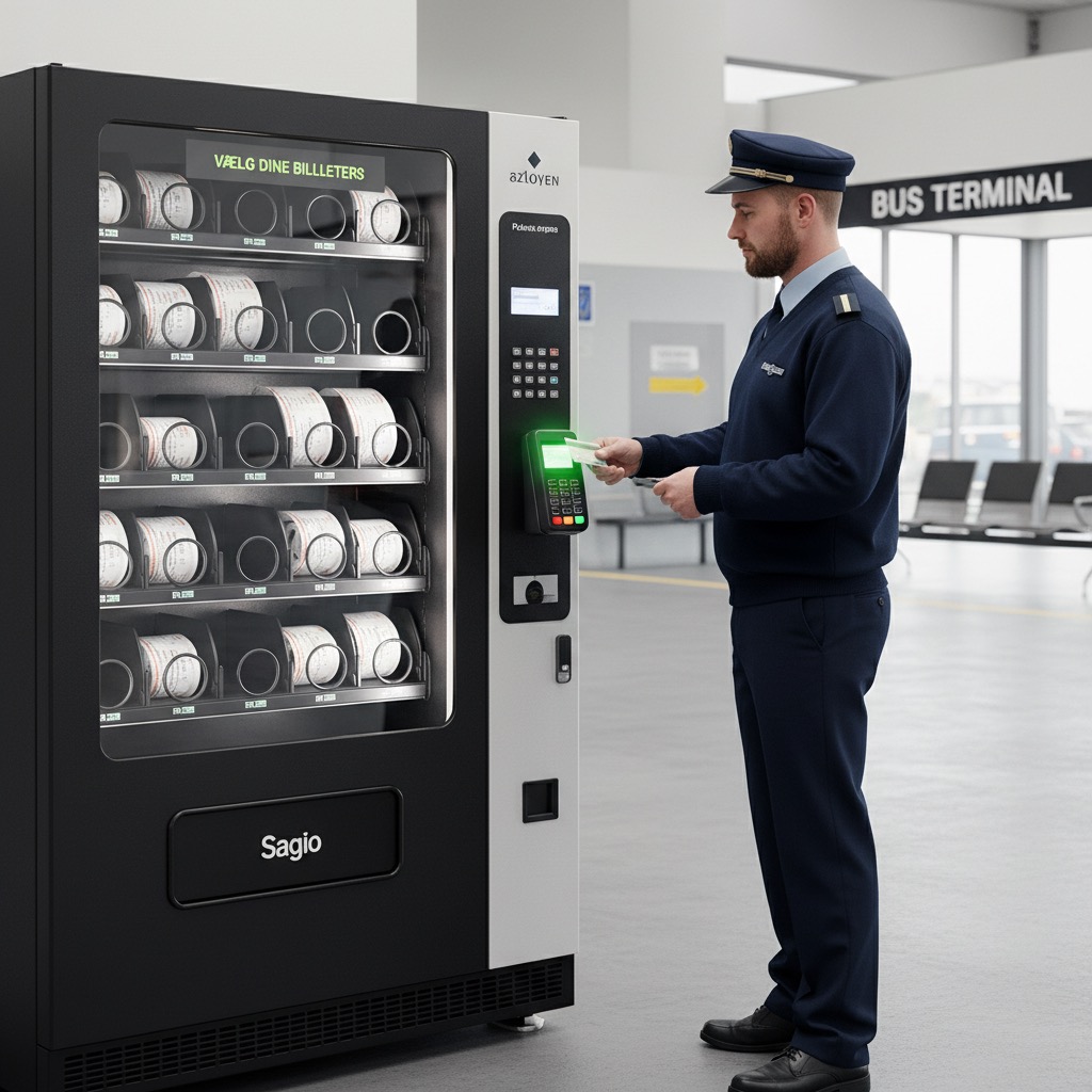 En uniformeret buschauffør betaler med et kort ved en billetautomat på en busterminal.